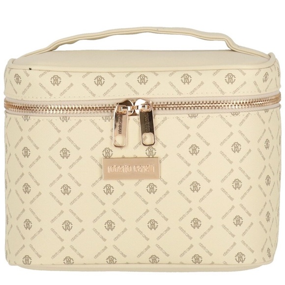 NEW Roberto Cavalli Monogram Cream Cosmetic Toiletry Bag Train Case - Picture 1 of 5